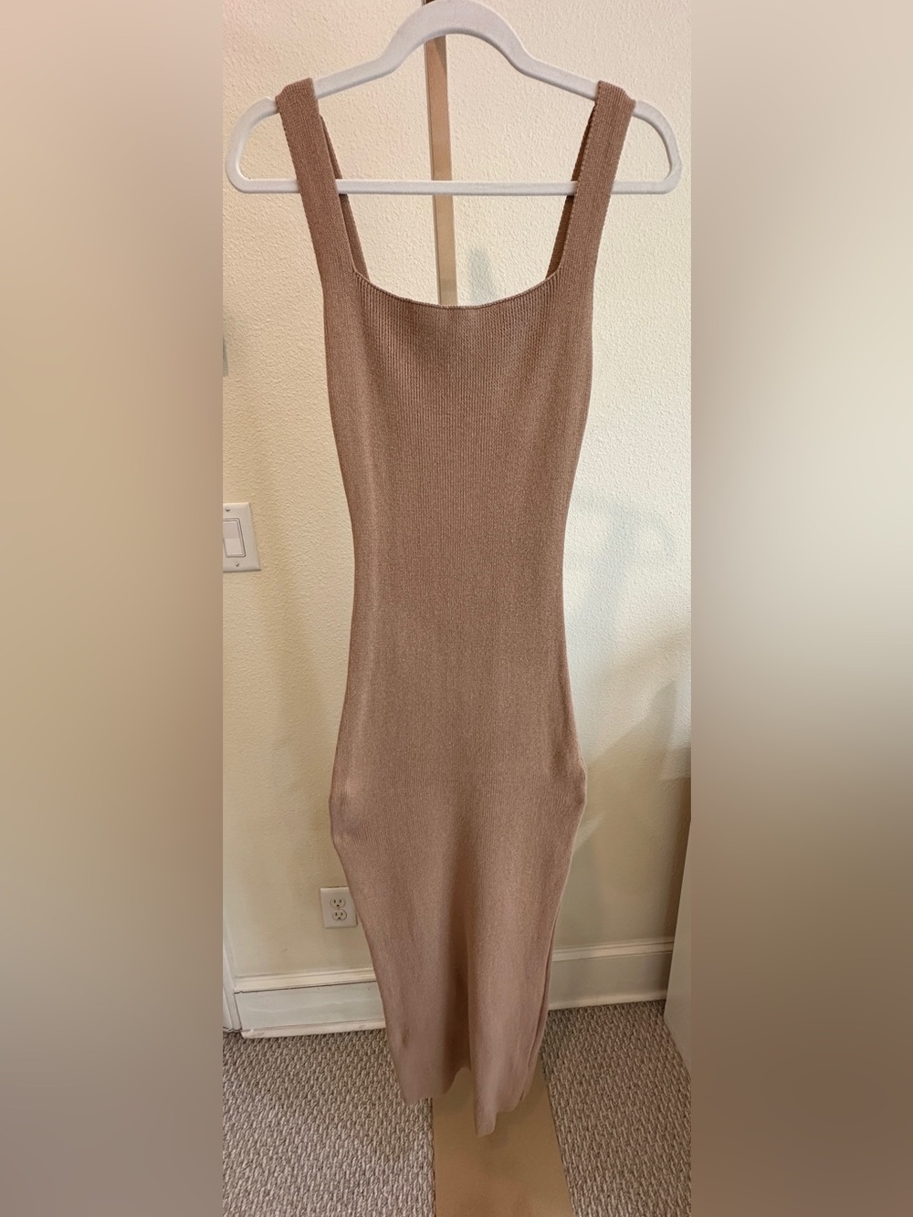 JLuxLabel Rib Knit Bodycon Midi Dress Square Neck Taupe Beige Size L